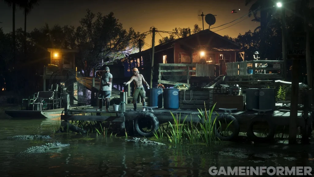 Two men standing on a wooden dock at night in the Leonida Everglades in Grand Theft Auto VI, with alligators swimming in the water below, an airboat nearby, and a wooden shack illuminated in the background.