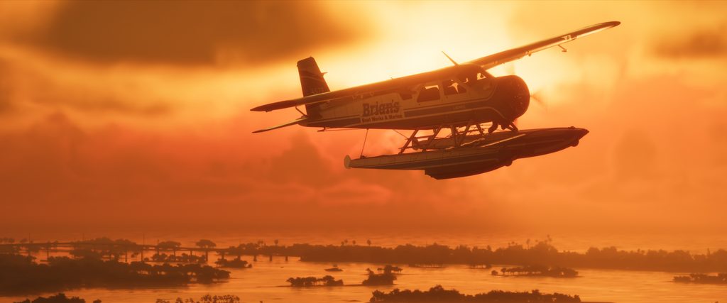 A scenic, golden-hour screenshot of GTA VI: A seaplane flying low over water and tropical islands, with the branding