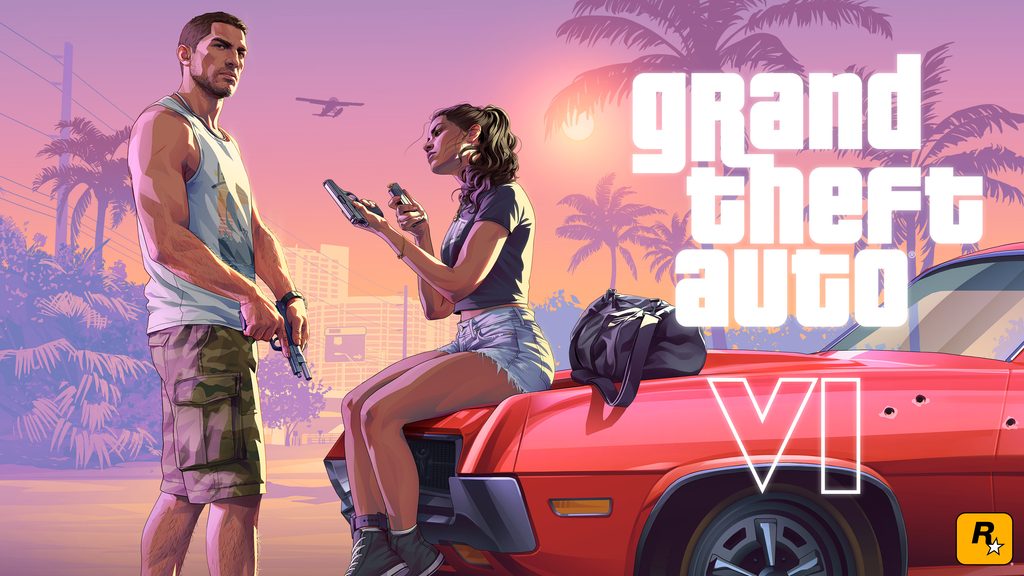 Official artwork from Grand Theft Auto VI featuring protagonists Jason and Lucia. Lucia is sitting on the hood of a red car with bullet holes, holding a handgun and a magazine, while Jason stands nearby holding a firearm, against a tropical sunset background with palm trees and a seaplane flying overhead.
