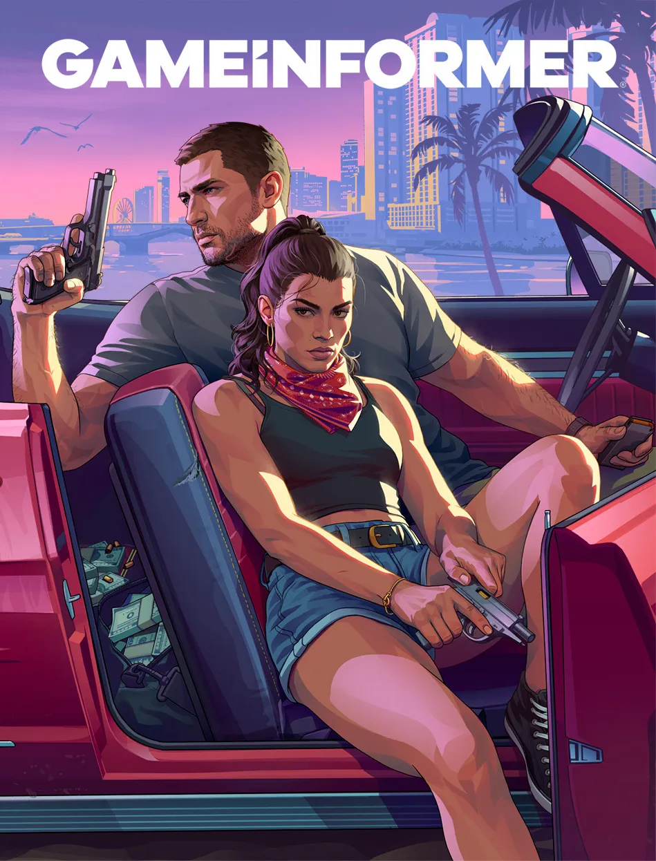 Official GTA 6 artwork from game informer featuring dual protagonists Lucia and Jason inside a bullet-riddled red convertible sports car in Vice City. Lucia sits in the passenger door frame wearing denim shorts and a red bandana, holding a pistol, while Jason holds a handgun from behind the wheel against a tropical sunset background.