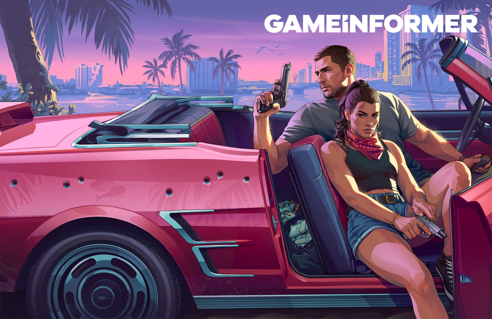 Official GTA 6 artwork from game informer featuring dual protagonists Lucia and Jason inside a bullet-riddled red convertible sports car in Vice City. Lucia sits in the passenger door frame wearing denim shorts and a red bandana, holding a pistol, while Jason holds a handgun from behind the wheel against a tropical sunset background.