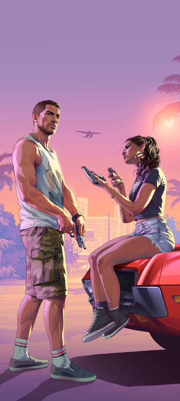 Official artwork from Grand Theft Auto VI featuring protagonists Jason and Lucia. Lucia is sitting on the hood of a red car with bullet holes, holding a handgun and a magazine, while Jason stands nearby holding a firearm, against a tropical sunset background with palm trees and a seaplane flying overhead.