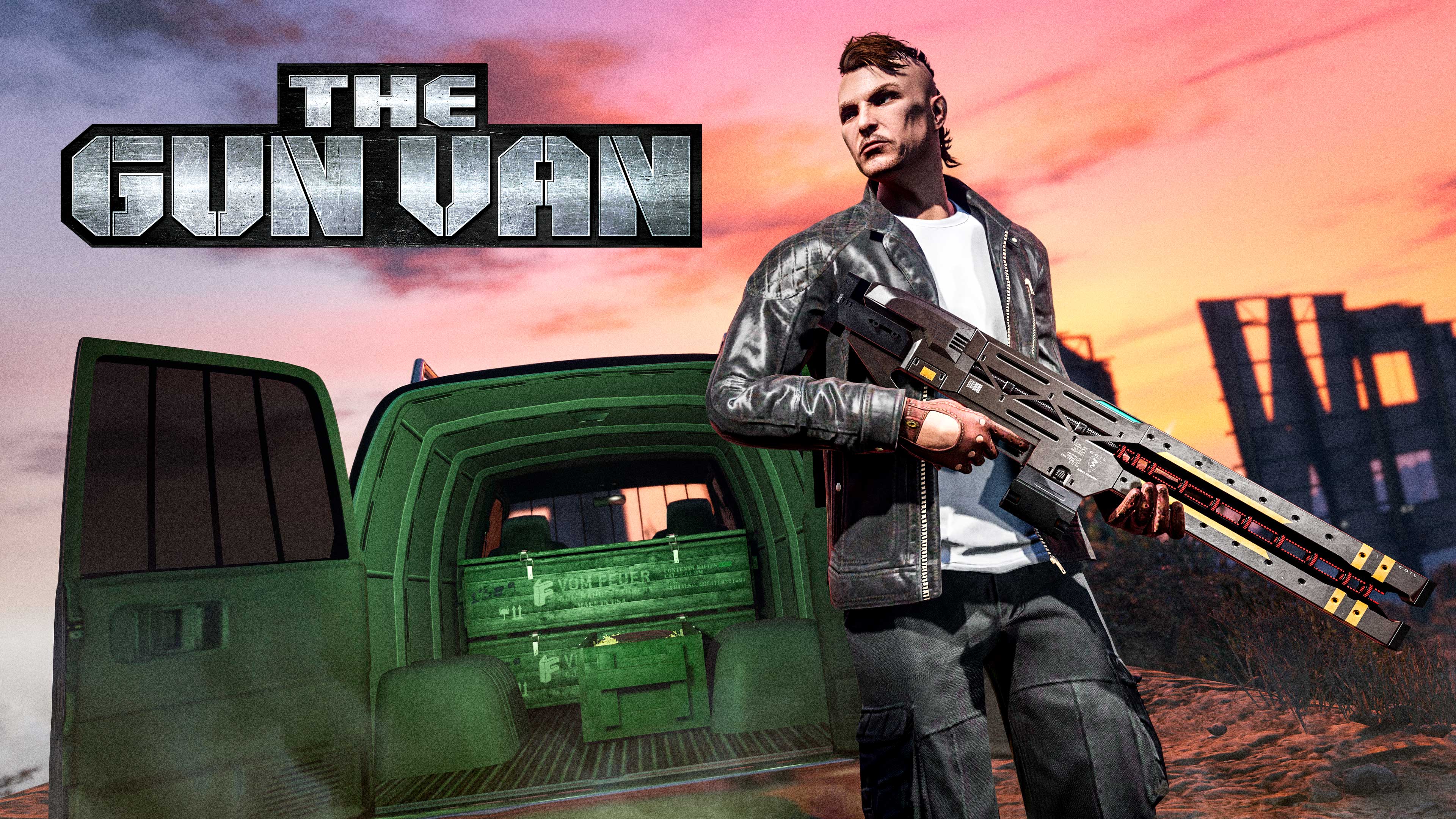 GTA Online Gun Van image with a male character holding a railgun in front of the gun van. The character has a mohawk hairstyle and is wearing a black leather jacket and jeans. The truck's door is open, revealing the interior. The text 