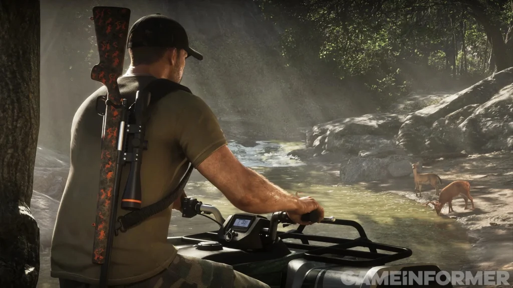 Grand Theft Auto VI protagonist Jason riding an ATV quad bike through a wooded creek, slinging a scoped sniper rifle on his back while deer drink from the stream in the background.