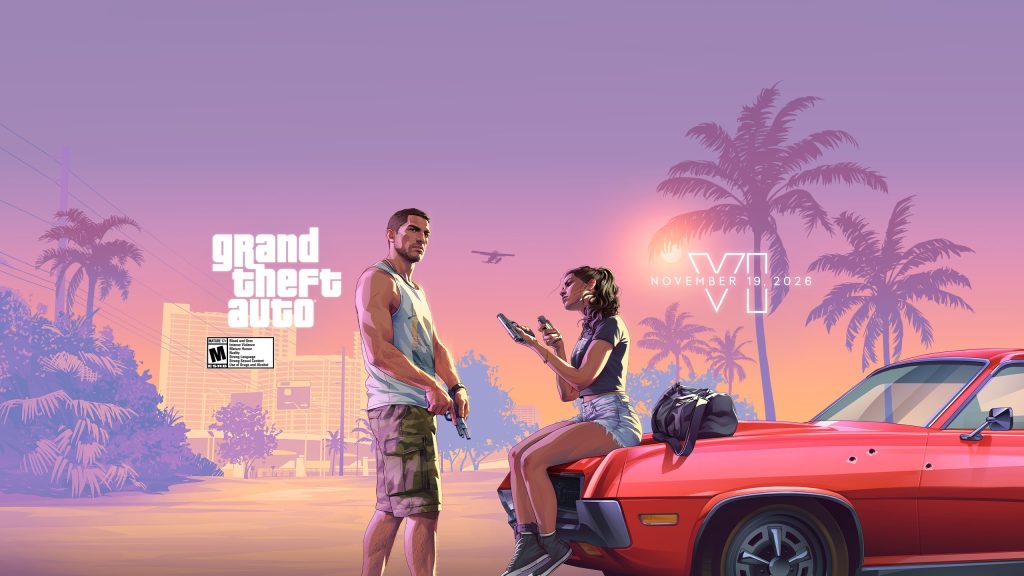 Official artwork from Grand Theft Auto VI featuring protagonists Jason and Lucia. Lucia is sitting on the hood of a red car with bullet holes, holding a handgun and a magazine, while Jason stands nearby holding a firearm, against a tropical sunset background with palm trees and a seaplane flying overhead.