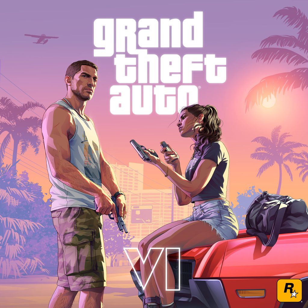 Official artwork from Grand Theft Auto VI featuring protagonists Jason and Lucia. Lucia is sitting on the hood of a red car with bullet holes, holding a handgun and a magazine, while Jason stands nearby holding a firearm, against a tropical sunset background with palm trees and a seaplane flying overhead.