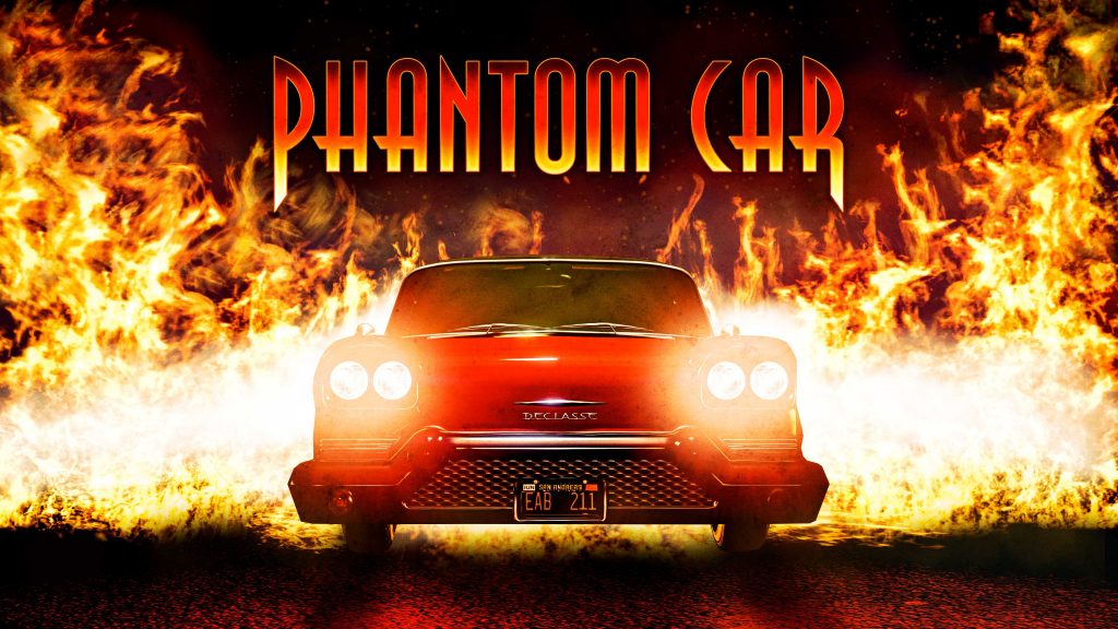 GTA Online Halloween artwork featuring the fiery red Declasse Tornado (Phantom Car) surrounded by bright flames, displaying its glowing headlights, San Andreas license plate, and "PHANTOM CAR" text across the top. 
