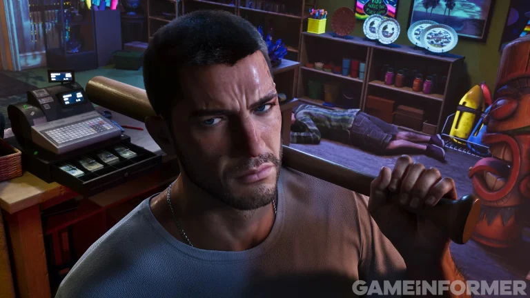 Grand Theft Auto VI protagonist Jason holding a baseball bat over his shoulder inside a store, standing near an open cash register with cash visible and a knocked-out clerk lying on the floor in the background.