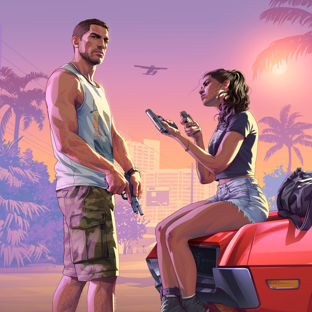 Official artwork from Grand Theft Auto VI featuring protagonists Jason and Lucia. Lucia is sitting on the hood of a red car with bullet holes, holding a handgun and a magazine, while Jason stands nearby holding a firearm, against a tropical sunset background with palm trees and a seaplane flying overhead.