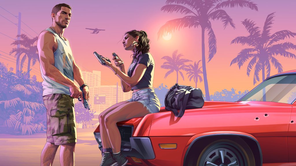 Official artwork from Grand Theft Auto VI featuring protagonists Jason and Lucia. Lucia is sitting on the hood of a red car with bullet holes, holding a handgun and a magazine, while Jason stands nearby holding a firearm, against a tropical sunset background with palm trees and a seaplane flying overhead.