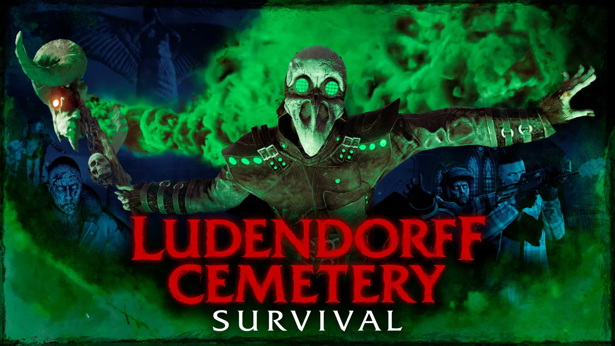 GTA Online Halloween promotional artwork for Ludendorff Cemetery Survival, featuring a character in a green-glowing plague doctor outfit holding a staff, flanked by zombies on the left and armed players on the right, against an eerie green fog background with the red and white text "LUDENDORFF CEMETERY SURVIVAL". 