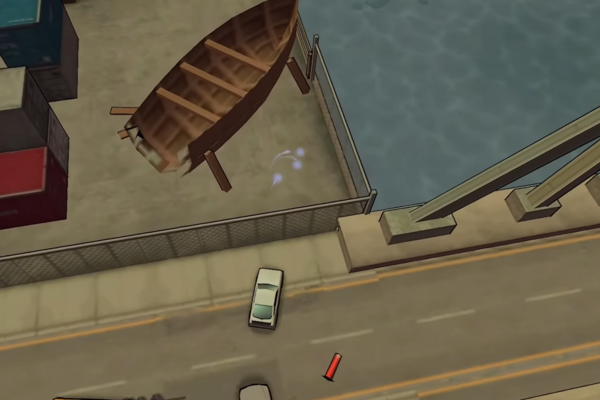 Местоположение #8 возможного Льва Фо в GTA Chinatown Wars, найдено в углу двора, рядом с разбитой деревянной лодкой, на острове Чардж, Дьюкс