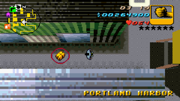 Расположение скрытого пакета №7 в GTA Advance, найденного в 
 Portland Harbor