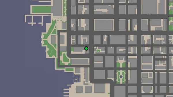 Местоположение на карте камеры безопасности №16 для уничтожения в GTA Chinatown Wars, находится с задней стороны полицейского участка Саффолка, на парковке.