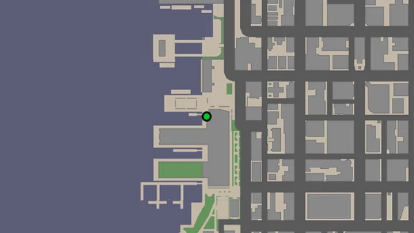 Местоположение на карте камеры безопасности №18 для уничтожения в GTA Chinatown Wars, находится у входа в Burger Shot в Castle Garden City.