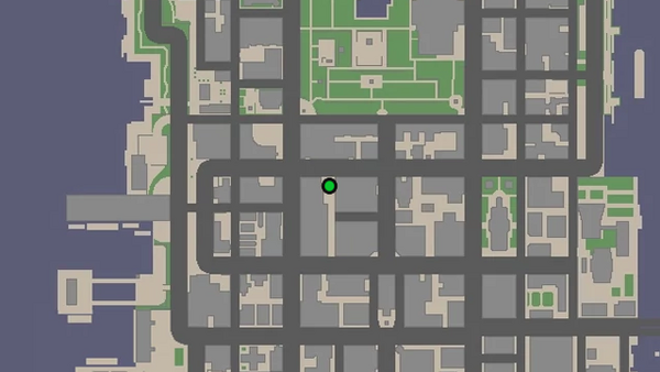 Расположение камеры наблюдения №27 для уничтожения на карте GTA Chinatown Wars, находится на маленьком здании в переулке за жилым домом.