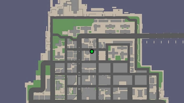 Местоположение на карте GTA Chinatown Wars камеры наблюдения №46 для уничтожения, расположенной на пониженном крыше на улице в Нортвуде.