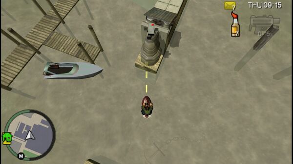 Местоположение камеры наблюдения №8 для уничтожения в GTA Chinatown Wars, находится 
                                за рампой, плавающей на воде рядом с пирсом в Castle Garden City.