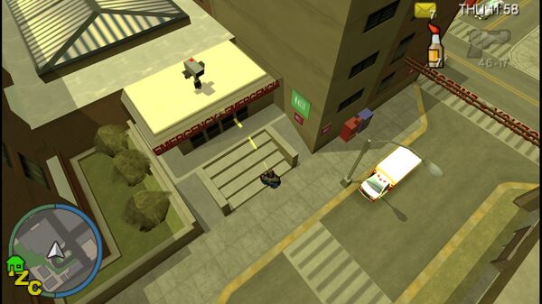 Местоположение камеры безопасности №87 для уничтожения в GTA Chinatown Wars, находится у входа в медицинский центр Schottler.