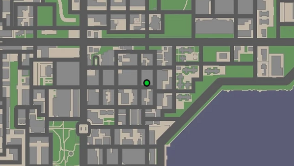 Расположение на карте камеры безопасности №88 в GTA Chinatown Wars для уничтожения, находится на небольшом здании в Шоттлере.