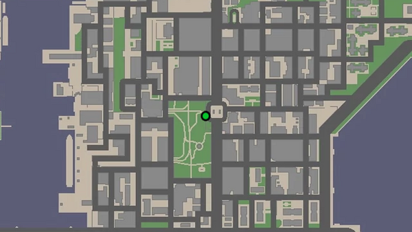 Расположение на карте камеры безопасности №92 в GTA Chinatown Wars для уничтожения, находится на крыше входной будки Outlook Park.