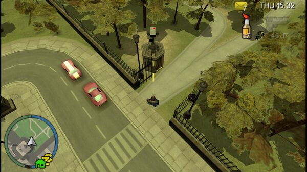 Местоположение камеры безопасности №92 в GTA Chinatown Wars для уничтожения, находится на крыше входной будки Outlook Park.