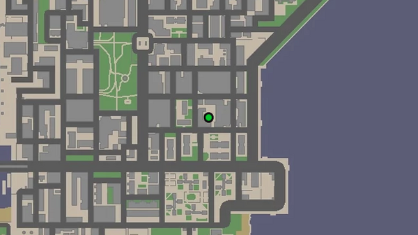 Расположение на карте камеры безопасности №93 в GTA Chinatown Wars для уничтожения, находится на крыше небольшого здания в Саут Слоупс.