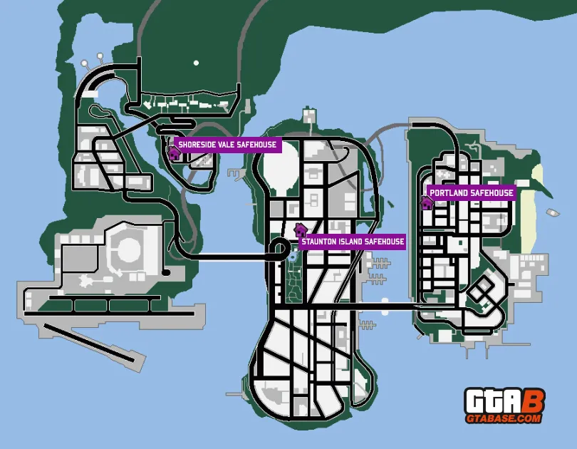 карта локаций сейфхаусов GTA 3